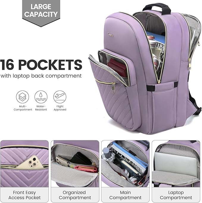 LOVEVOOK Laptop Backpack for Women 15.6 inch,Cute Womens Travel Backpack Purse,Professional Laptop Computer Bag,Waterproof Work Business College Teacher Bag Carry on Backpack with USB Port,Taro Purple