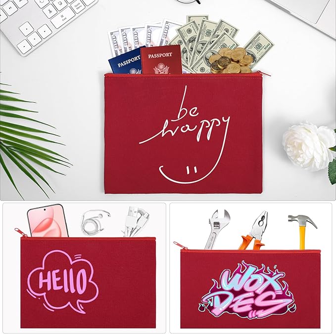 12 Pieces Cotton Canvas Makeup Bag, Multipurpose Cosmetic Bag with Zipper Travel Toiletry Pouch, Blank DIY Craft Bag (Red, XL)