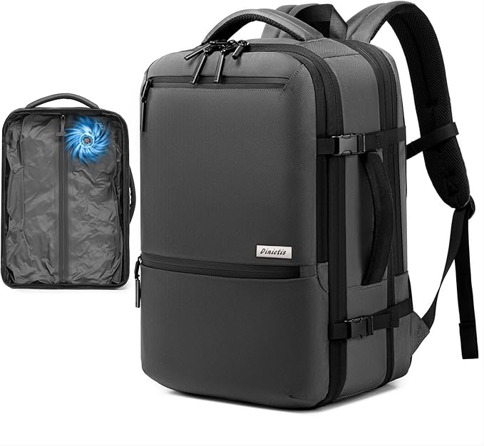 Dinictis Vacuum Seal Travel Backpack 60L Built-in Pump, Expandable Backpack with Vacuum Compression Fits 17 inch Laptop, Water Resistant Carry On Suitcase Luggage for Short Trip and Business-Dark Grey