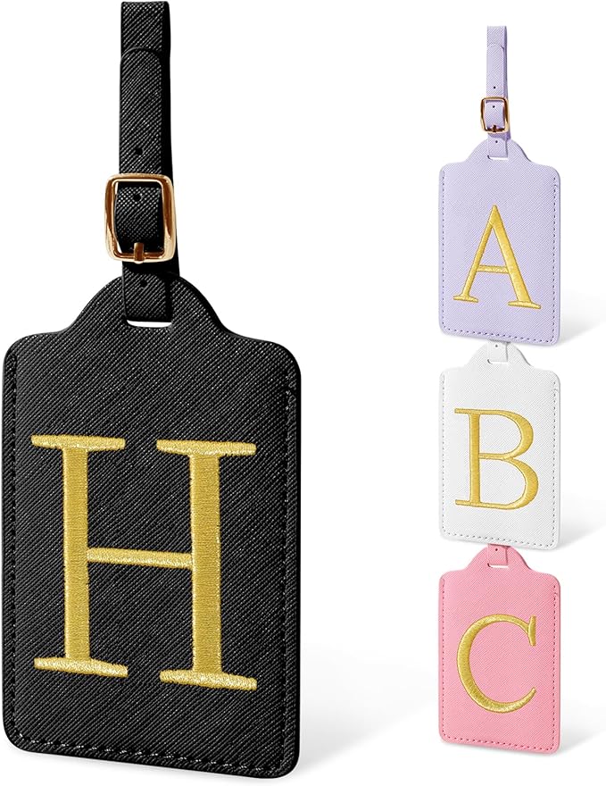 Initial Luggage Tags for Suitcases, Cute Embroidered Letter Luggage Bag Suitcase Identifier Name Baggage Tag, PU Leather Travel Luggage Tags, Bag Tags for Men Women Kids Luggage Handbags(Black H)