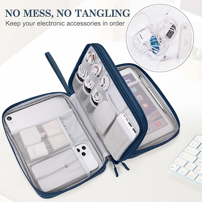 FYY Electronic Organizer, Extra Large Travel Cable Organizer Bag Pouch Portable Waterproof Double Layers All-in-One Storage Bag for iPad, Cable, Power Bank, Laptop Charger for Office/Home, Navy