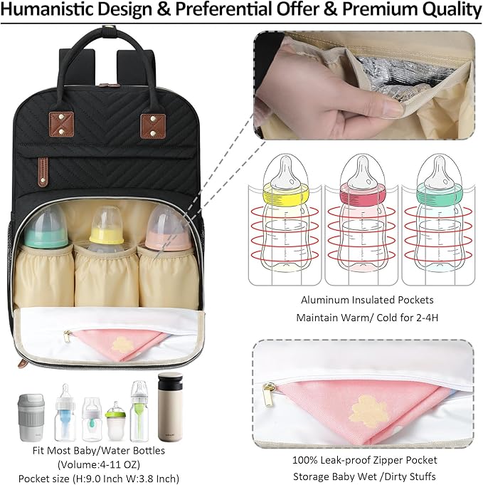 Tenot Diaper Bag Backpack for Women Large Capacity with Insulated Pockets Multifunctional Diaper Bags For Baby Girl Boy Waterproof Baby Bags For Mama Maternity Travel Bag Black