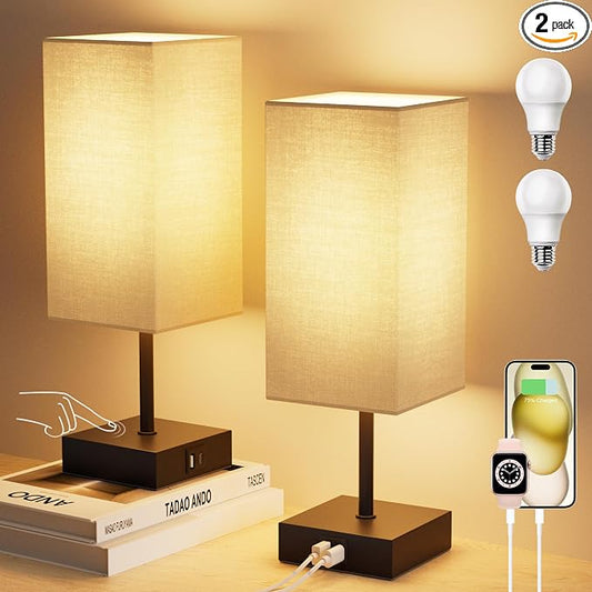 Touch Bedside Table Lamp for Bedroom, 14-Inch, Beige, Set of 2 | USB A+C Ports, Touch 3-Way Dimmable LED Bulb Included Fabric Lampshade Metal Base Small Nightstand Lamp for Desk Living Room