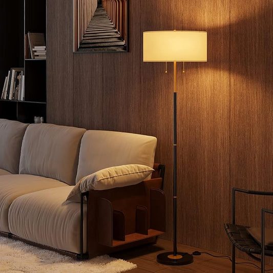 2-Light 3 Color Temperature Mid Century Floor Lamp for Living Room | 61" Black&Gold Tall Standing Lamp for Bedroom and Office with White Fabric Lampshade, 3000K/4500K/6500K 9W Bulb Included