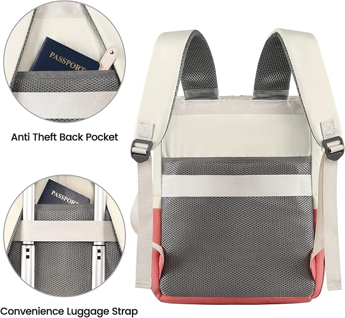 FALANKO Laptop Backpack for Women,Teacher Doctor Nurse Work Purse Bag for 15.6 Inch Laptop, Wide Open backpack With RFID Pocket, Large Water Resistant Travel Backpack White-Pink