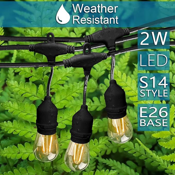 Outdoor String Lights Commercial Grade 96ft Waterproof with 30 S14 Shatterproof Dimmable LED Bulbs, Heavy Duty Hanging Lights for Patio Garden Backyard Decoration, 2W 2x48ft Strands