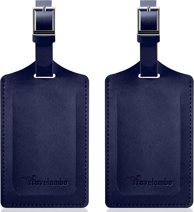 Travelambo Luggage Tags for Suitcases Faux Leather Privacy Protection 2 Pack Bag Tags Travel Accessories Essential, Deep Blue