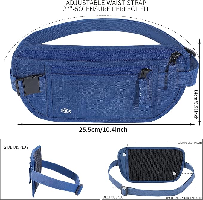 Money Belt for Travel Hidden Travel Pouch Women Men Hidden Rfid Passport Holder for Travel (Dark Blue)