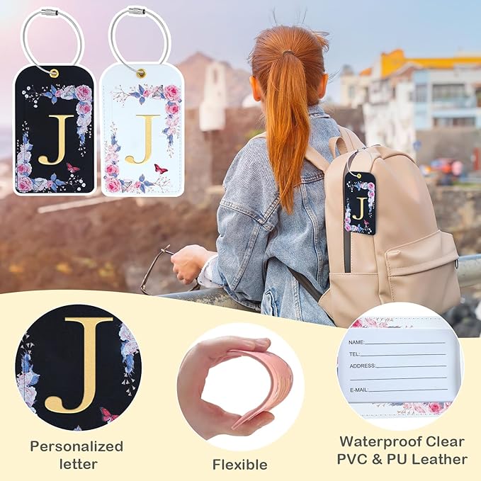 3 Pack Luxury Floral Luggage Tags, Durable PU Leather Suitcase Tags with Stainless Steel Cable Strap, Hidden ID Slot for Privacy Protection, Easy to Identify Waterproof Travel Accessories Gift (J)