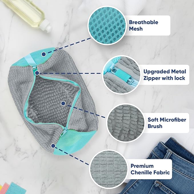 Shoe Washing Machine Bag –2 Pcs Reusable Laundry Shoe Bag with Brush & Shoe Trees, 360° Deep Cleaning Sneaker Washing Machine Bag, Fits All Shoe Types & Sizes (Yellow, 14.8 × 7.4 Inches) (2PCS Grey)