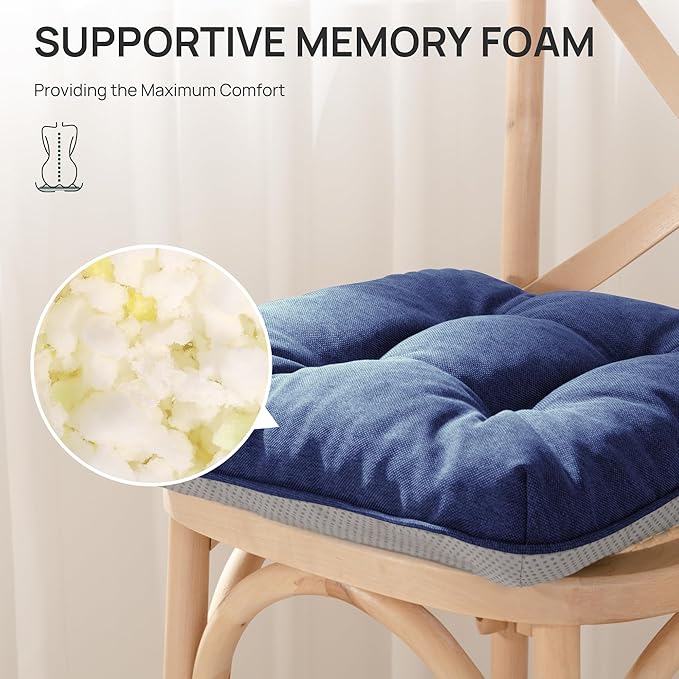 Love's cabin Memory Foam Chair Cushions Set of 4, 15.5"x15.5"x3.5" Indoor & Outdoor Seat Pads for Dining, Kitchen, Office, Patio Chairs - Navy Blue