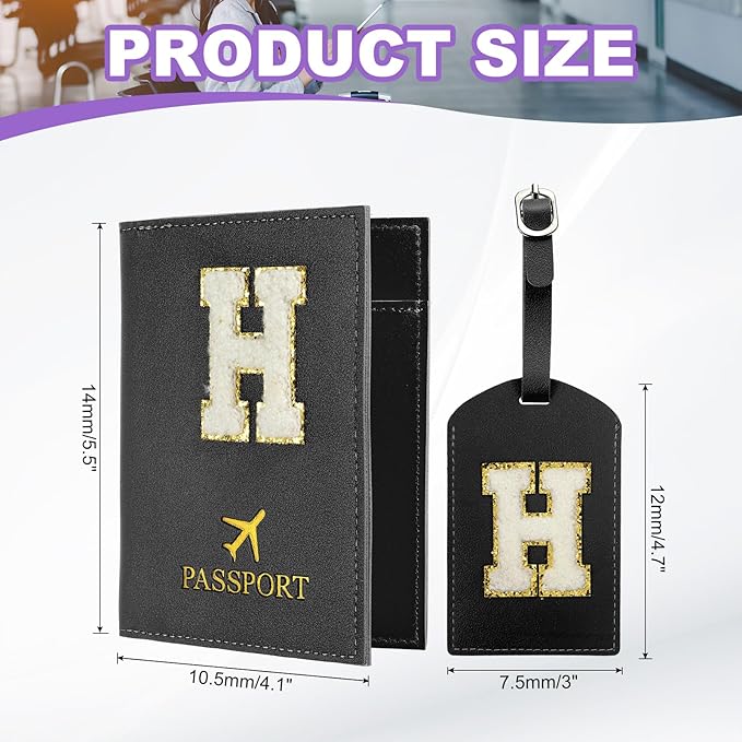 PATIKIL Passport Holder for Travel, Initial Passport Cover and Luggage Tag Set with Alphabet Chenille Letter Patch Travel Wallet Bag Suitcase Identifier for Women Family Travel Black H