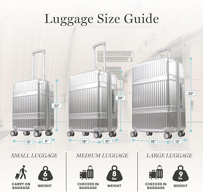 Martha Stewart The Bedford 3 Piece Rolling Luggage Set, Hardshell Suitcases with Spinner Wheels, 22/26/30 Inch, Silver
