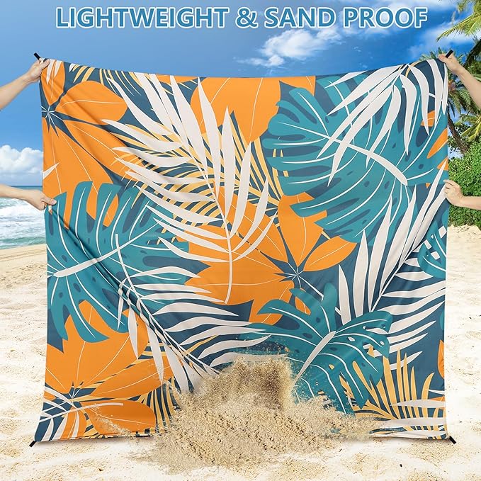 HIHOHO Beach Blanket Waterproof Sandproof Beach Mat for 1-8 Adults Quick Drying Durable Outdoor Picnic Mat for Beach Festival Travel Camping Hiking (BK&GN&O-Palm, 79"×83"(4 Person))