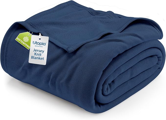 Utopia Bedding Soft Jersey Knit Blanket Navy Queen (90x90 Inches) | Lightweight, Breathable, Sweatshirt Blanket, Bed, Couch, Sofa, Cozy, Home Decor, Summer