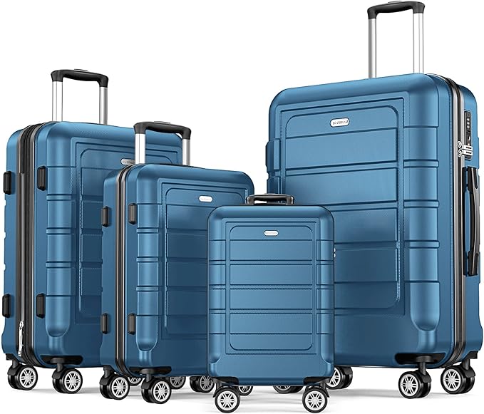 SHOWKOO Luggage Sets Expandable 100% PC Durable Suitcase Sets Double Wheels TSA Lock 4 Piece Luggage Set Navy