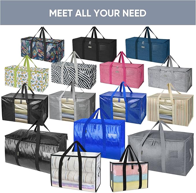 TICONN 12 Pack Extra Large Moving Bags Heavy Duty with Zippers & Carrying Handles, Durable Storage Bags Moving Boxes for Closet Organizers and Storage (12 Pack, Blue)