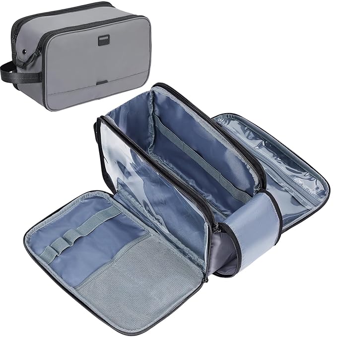 ZEEMO Travel Toiletry Bag for Men, Large Water-Resistant Double-Sided Full-Open Dopp Kit, Versatile Organizer for Shower and Hygiene Accessories, Bathroom Essentials, Cosmetics, Grey