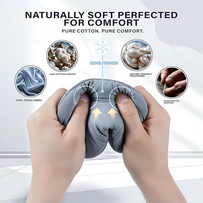 Cool-Touch Cotton Eye Sleep Mask for Men & Women, Soft & Breathable, Pressure-Free Design for Side Sleepers, Adjustable Light Blocking Mask for Sleeping, Travel & Naps (Gray)