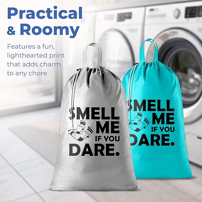 Extra Large Travel Laundry Bag - 2-Pack Fun Print Design Bags for Dirty Clothes - Durable Water-Resistant Fabric - Sturdy Drawstring Closure (Teal-Grey | Smell Me If You Dare)