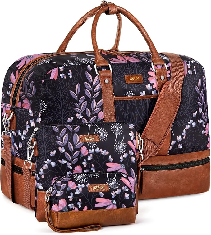 Weekender Bag for Women, Large Overnight Bag Canvas Travel Duffel Bag Carry On Tote with Shoe Compartment 21" 3Pcs Set