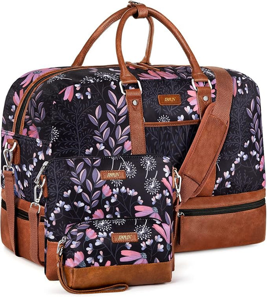 Weekender Bag for Women, Large Overnight Bag Canvas Travel Duffel Bag Carry On Tote with Shoe Compartment 21" 3Pcs Set