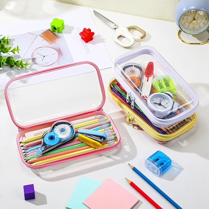 Sanwuta 6 Pcs Clear Hard Zipper Case Plastic Zipper Pouches Transparent Makeup Bag Pencil Case Pouches Toiletry Diaper Bag for Travel Toy Storage Organizer Bins(Colorful,7.48 x 3.94 x 2 Inch)