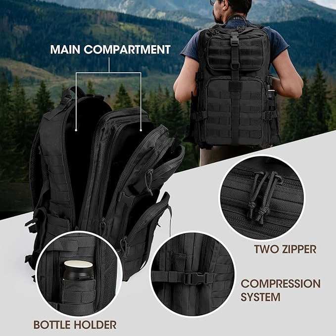 REEWBOW GEAR 40L Military Tactical Backpack For Men 3 Day Survival Heavy Duty Daypack MOLLE Bug Out Bag Hiking Rucksack (Black with Bottle Holder)