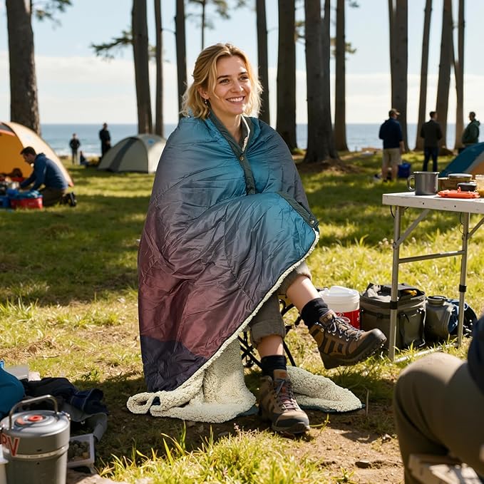 Outdoor Camping Blanket - Puffy Camping Blanket Packable,Sherpa Fleece Warm Blanket for Camping, Outdoors, Travel, Stadium, Festivals, Beach, Hammock 56"x 78" Machine Washable, DWR, Lightweight
