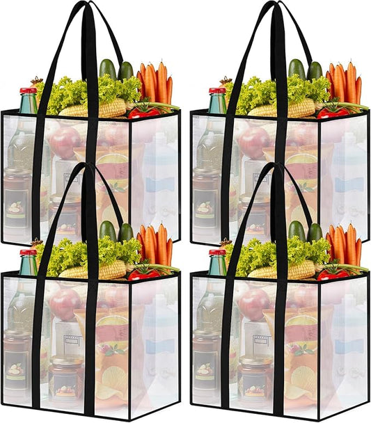 4 Pack Reusable Grocery Bags, Heavy-Duty Shopping Bags with Sturdy Handles, Water-Resistant & Foldable Organizer, Shopping Bags for Groceries, Market, Car Trunk, Multi-Purpose, 33L