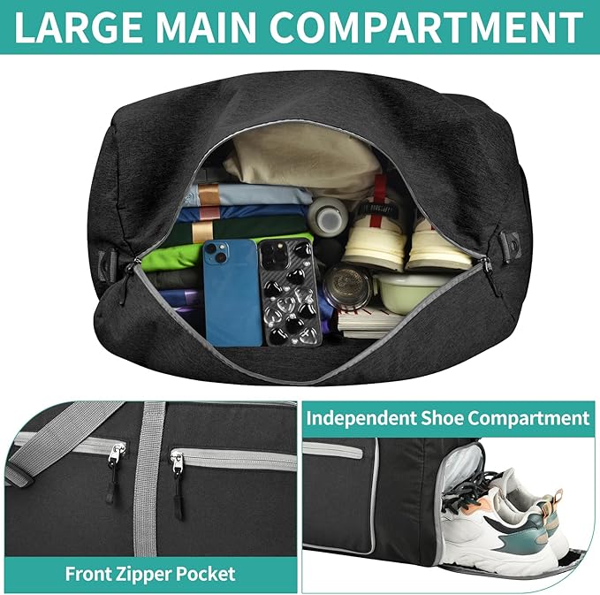 Dimayar 65L Travel Duffle Bag for Men Women - Foldable Duffel Bag with Shoes Compartment - Overnight Bags Waterproof & Tear Resistant(Black)