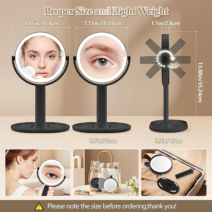 MOMOKUBA Makeup Mirror with Lights, Double Sided 1x/20x Magnifying Mirror with Light, Rechargeable 3 Color Lights and Adjustable Brightness, 360° Rotation Detachable Comes with Tweezer(Black)