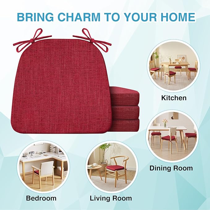 Chair Cushions for Dining Chairs Set of 4, Non Slip Kitchen Chair Pads, 17" x 16" x 2", Indoor Dining Chair Cushions with Ties, D-Shaped Seat Cushions for Kitchen Chairs, Red