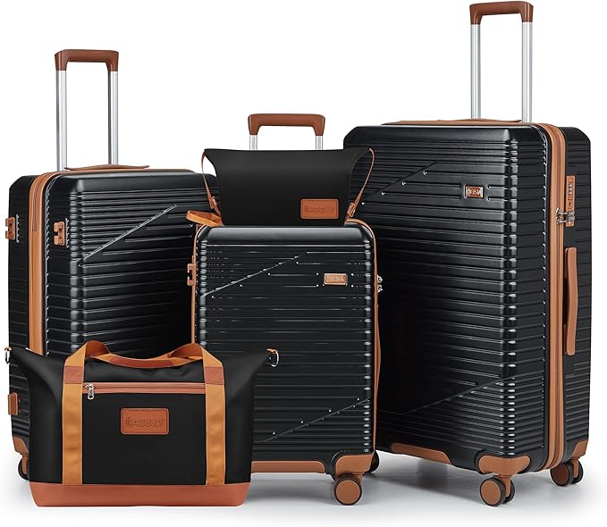 Luggage Sets 3 Piece, Hard Shell Carry on Suitcase with Spinner Wheels and TSA Lock, Travel Lightweight Luggage Set with YKK Zippers (Black, 5 piece sets（20/24/28/DB/TB)