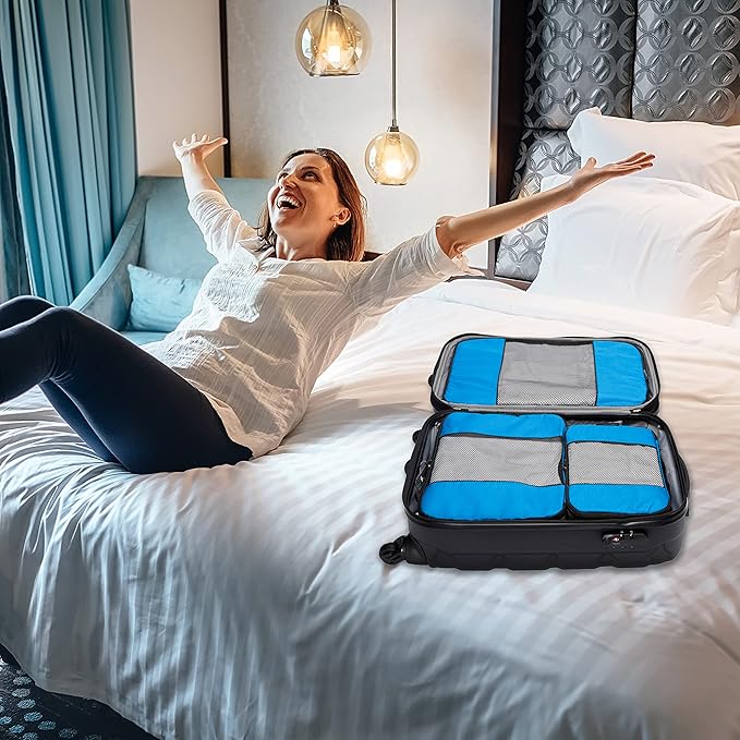 TravelWise 5 Piece Packing Cubes Set, Lightweight Luggage Organizer with Mesh Panels and 2 Way Zippers, Includes Small, Medium and Large Cubes for Travel, Blue