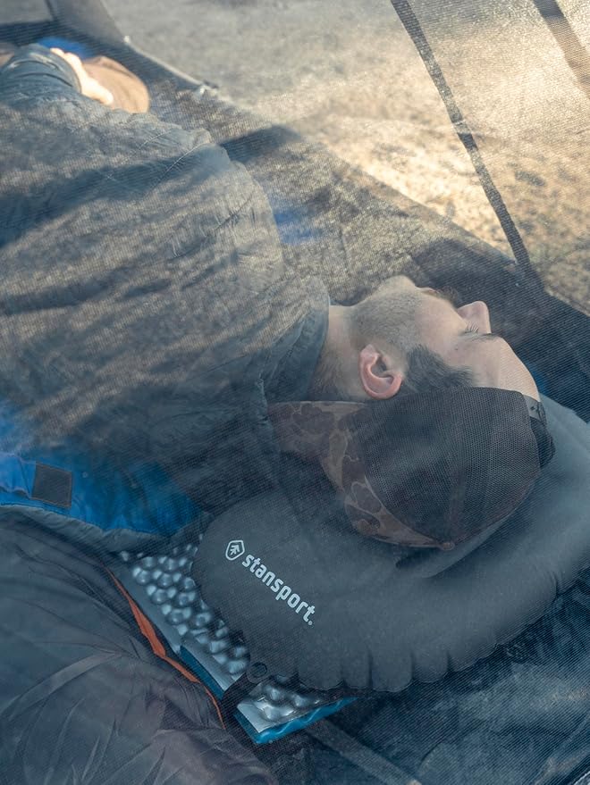 Stansport Lightweight Inflatable Camping Pillow – Ergonomic Ultralight Backpacking Pillow with Stay-Put Sleeping Pad Strap and Anti-Slip Grip – Compact Travel & Hiking Gear with Carry Bag
