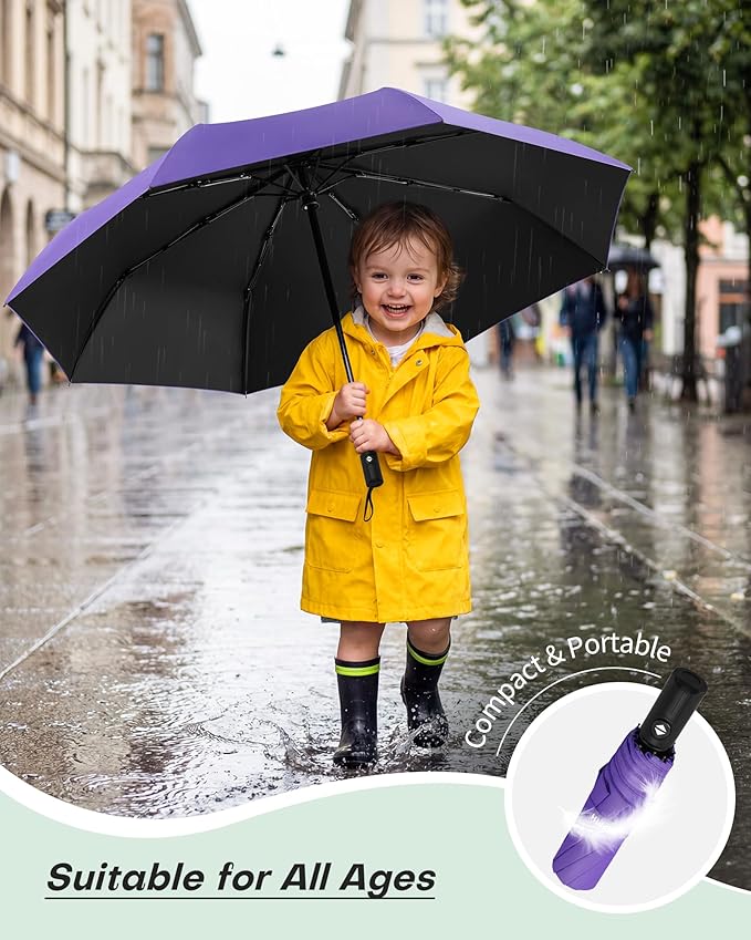 HIPPIH Compact Travel Umbrella for Rain - Windproof Automatic Umbrellas, UV Umbrella for Sun Protection with Black Anti-UV Coating, Portable Small Umbrellas for Backpack, Car, Walking, Kids, Women
