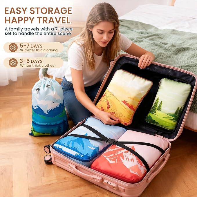 7 Set Compression Packing Cubes for Travel - Compressible/Expandable Luggage Organizer Bags Set, Double Zipper Packing Organizer for Suitcase, Lightweight Travel Essentials Accessories (Half Mesh)