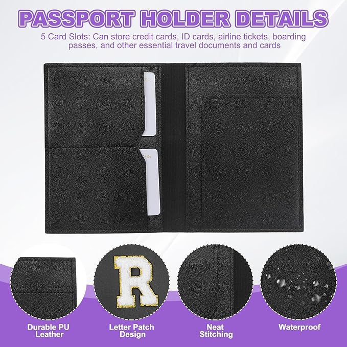 PATIKIL Passport Holder for Travel, Initial Passport Cover and Luggage Tag Set with Alphabet Chenille Letter Patch Travel Wallet Bag Suitcase Identifier for Women Family Travel Black R