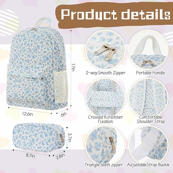 Redbaker 18 Inch 6 Pcs Kids Luggage Set Kids Rolling Luggage Double Pattern Suitcase for Boys Girls Gifts(Light Blue, Flower Style)