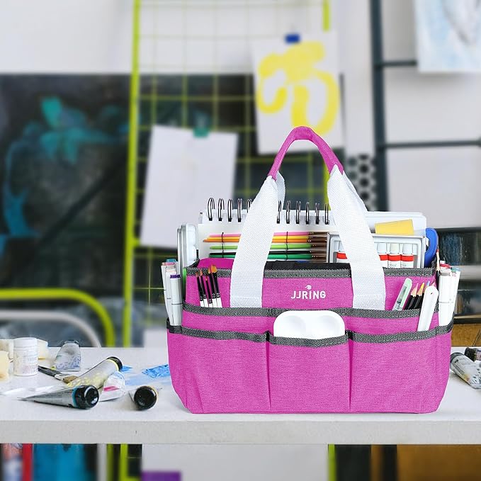 JJRING Craft Organizer Tote Bag, Art Storage Caddy with Multiple Pockets, Deep Red Sewing Bag for Art, Craft, Scrapbooking, School, Medical, and Office Supplies Storage