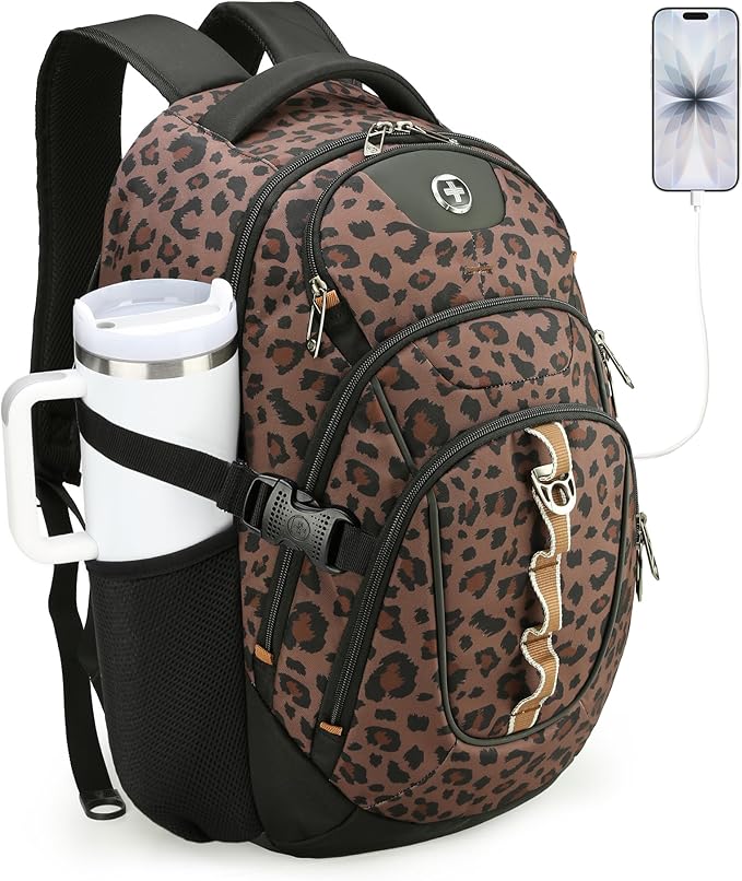 Swissdigital Laptop Backpack with USB Charging Port, Travel Backpack Fits 15.6 inches Computer, 31L Backpack for Men and Women, Brown Leopard | SD803-103