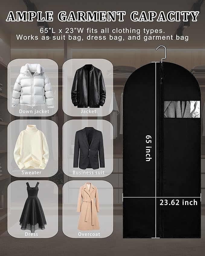 65-Inch Garment Bags for Hanging Clothes, Clear Window Dust-Proof Suit Bags for Suits Coats Dresses - Closet Storage & Travel Garment Covers (Black)