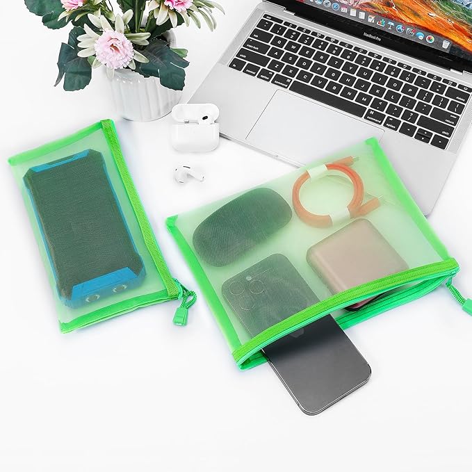 12 Pieces Zipper Nylon Mesh Pouch, Mesh Cosmetic Bags Makeup Bags Pencil Case, Multipurpose Travel Bags for Cosmetic School Office Supplies and Travel Accessories (Green, A5+B6)
