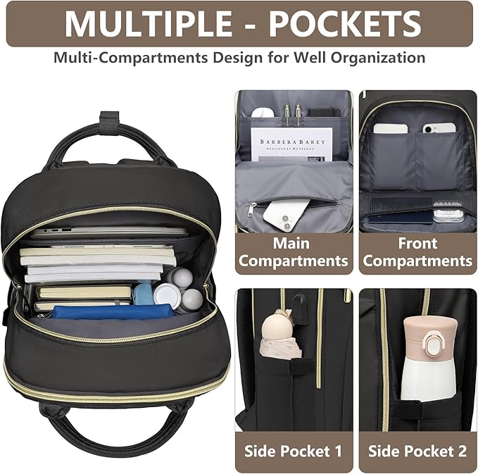 Laptop Backpack for Women Work Bag - 15.6 inch Travel Backpack Purse with USB Charger College Bookbag Waterproof Cute Casual Daypack Fashion Business Computer Backpacks for Teacher Nurse Black