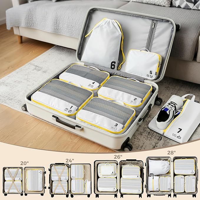 7 Set Compression Packing Cubes Travel Accessories Expandable Packing Organizers (White)