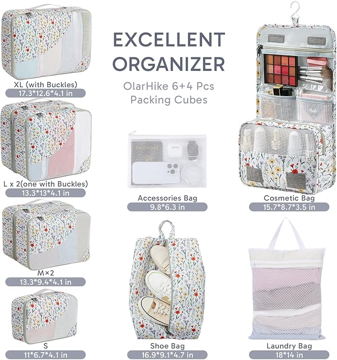 10 Set Packing Cubes for Travel, Gifts for Women Mom,Anti-Tearing Suitcase Organizer for Luggage with Shoe & Hanging Toiletry Bag,OlarHike Vacation Essentials & Accessories for Cruise Ship