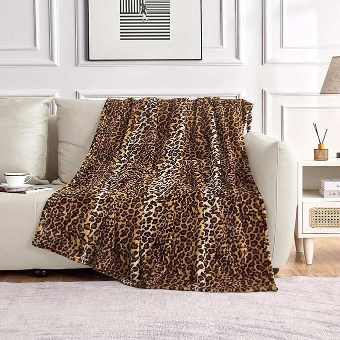 Leopard Print Blanket Fleece Throw for Bed Sofa Travel and Camping, Super Soft Cozy Fluffy Plush Cheetah Print Blanket for All Seasons 60"x80" (Dark Brown)