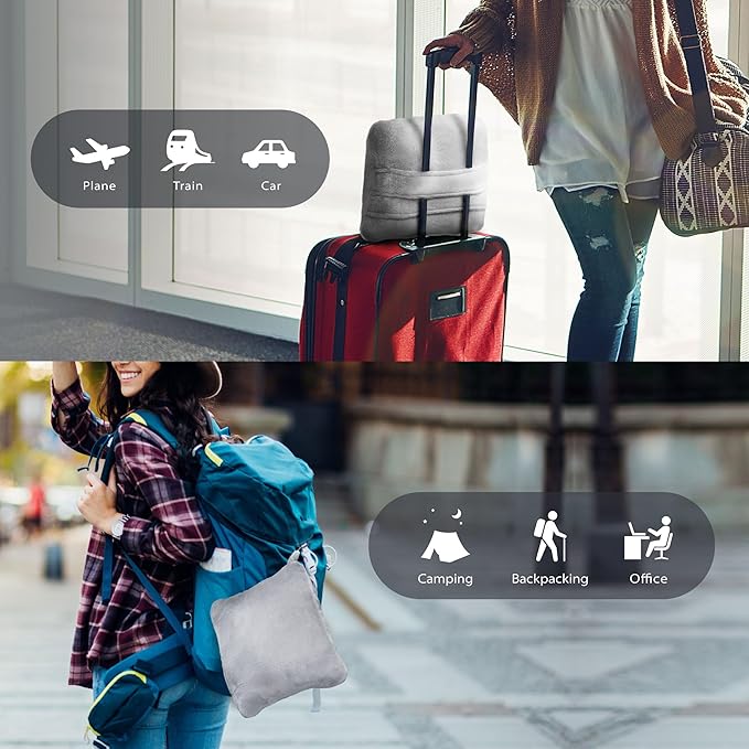 DEZ FURNISHINGS 4-in-1 Travel Compact Blanket Pillow Super Soft Velvet with Luggage Sleeve and Backpack Clip, Gray, 60" x 45"