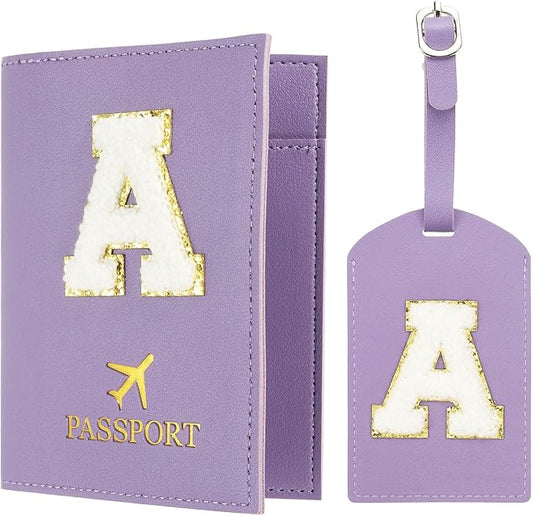 PATIKIL Passport Holder for Travel, Initial Passport Cover and Luggage Tag Set with Alphabet Chenille Letter Patch Travel Wallet Bag Suitcase Identifier for Women Family Travel Purple A